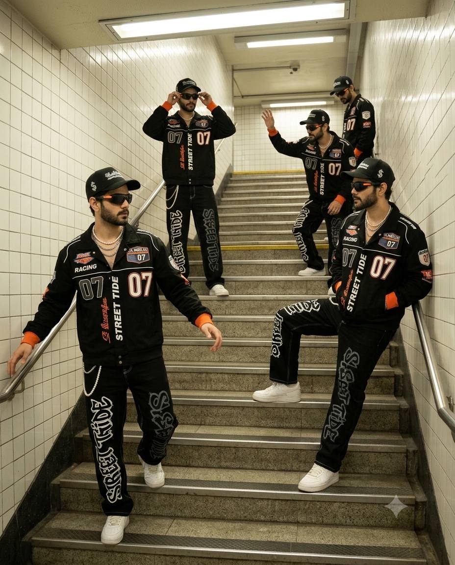 Five-clone man portrait AI prompt | Identical streetwear & subway composite