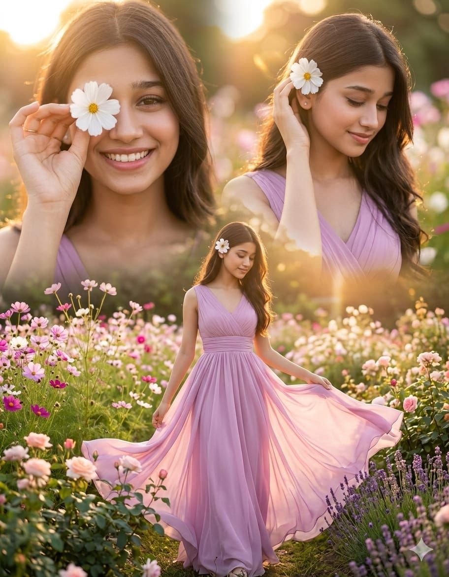 Floral Portrait Collage AI Prompt | Ultra Realistic Golden Hour