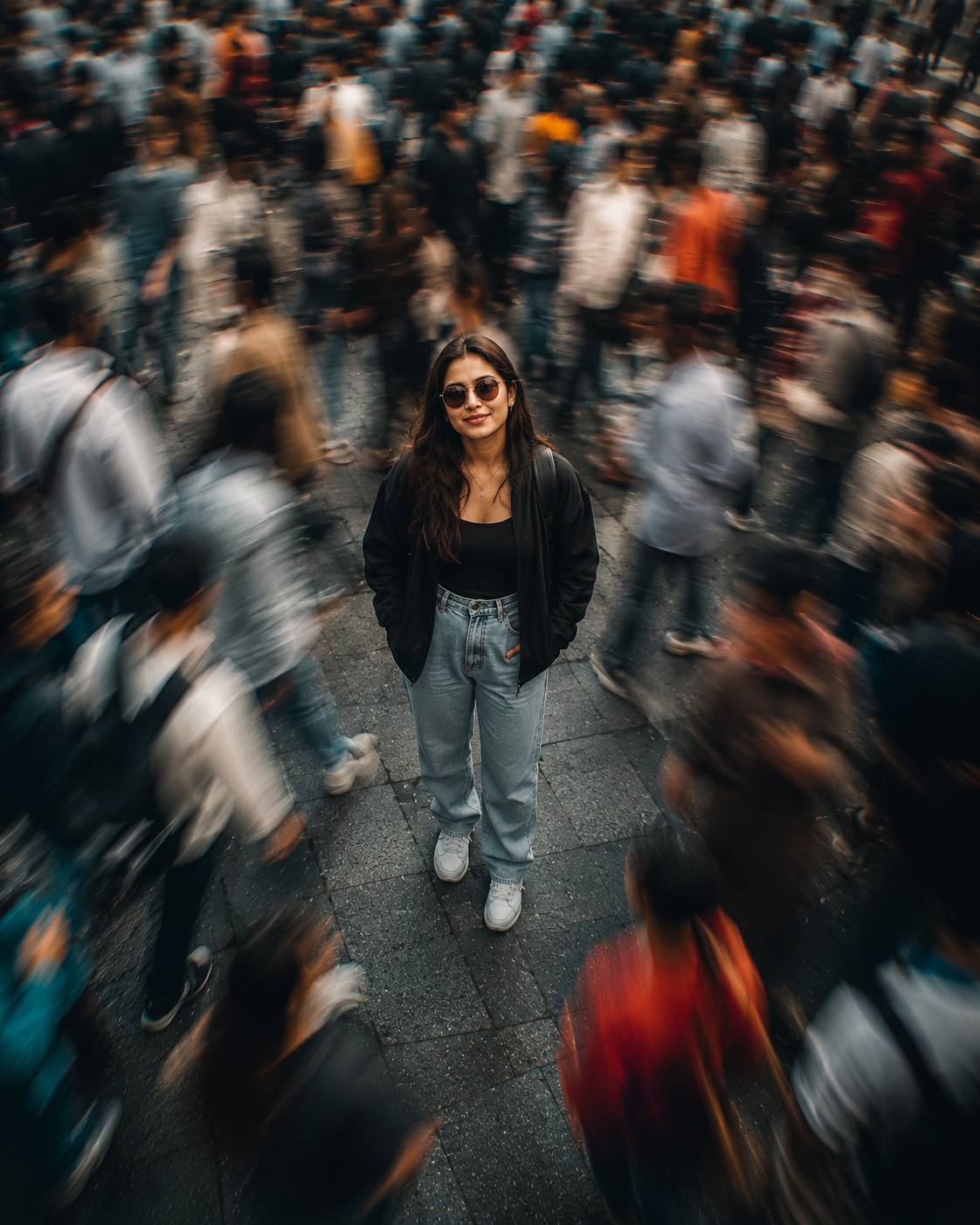 Frozen in Time City Portrait AI Prompt | Cinematic Motion Blur for Man and Woman