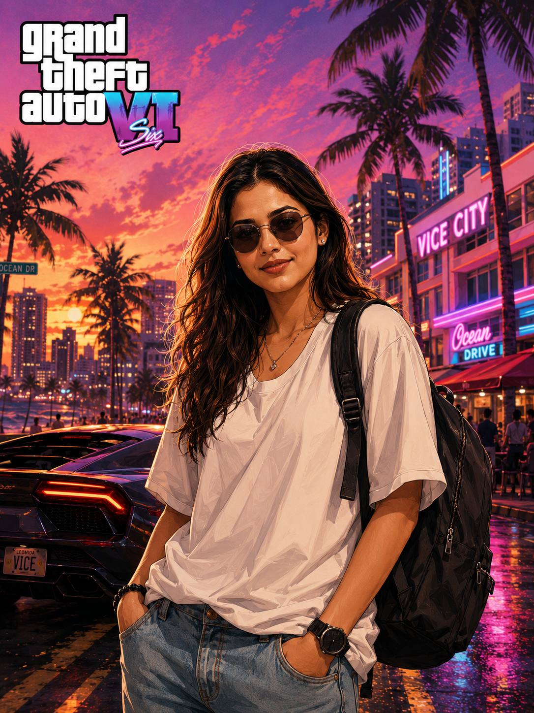 GTA-Inspired Vice City cover photo AI Image Prompt | Cinematic Urban Game Cover AI Portrait