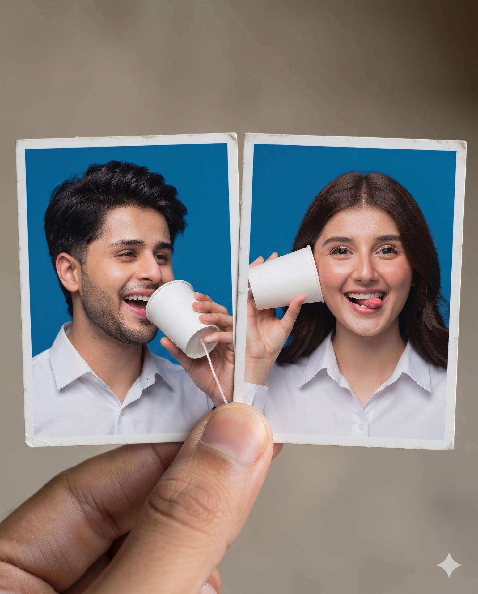Funny Couple Portrait AI Image Prompt Gemini | String Phone Illusion & Blue Background Photography