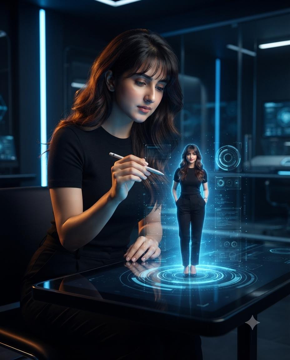 Futuristic AI creator AI prompt | Holographic digital twin & luxury tech studio