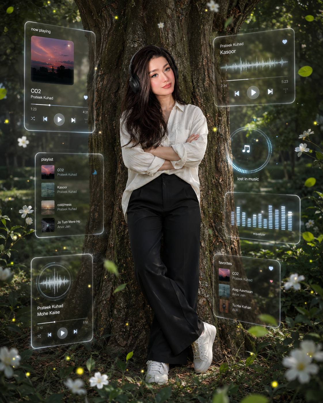 Futuristic Music Hologram Portrait Under an Ancient Tree – Ultra-Realistic AI Image Prompt