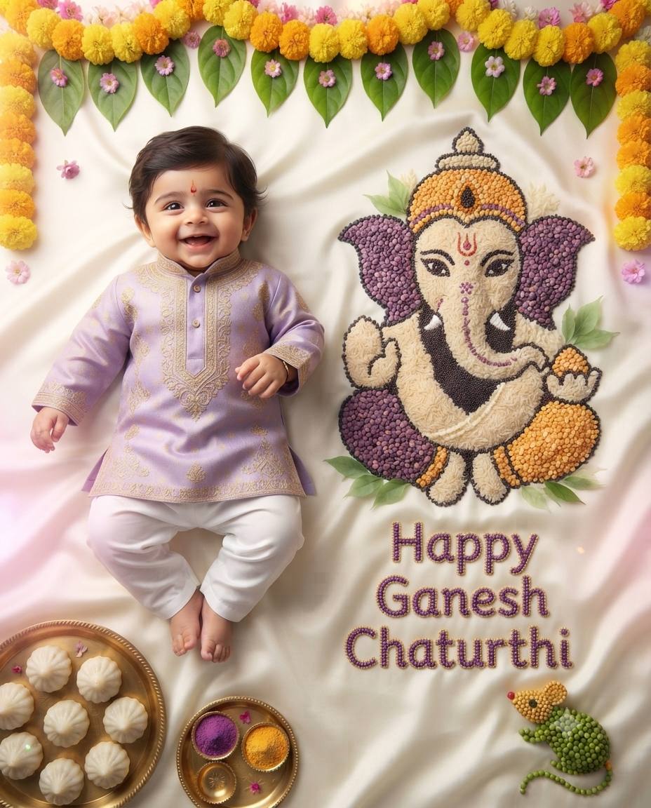 Indian baby boy Ganesh Chaturthi AI prompt | Lentil Ganesha art celebration