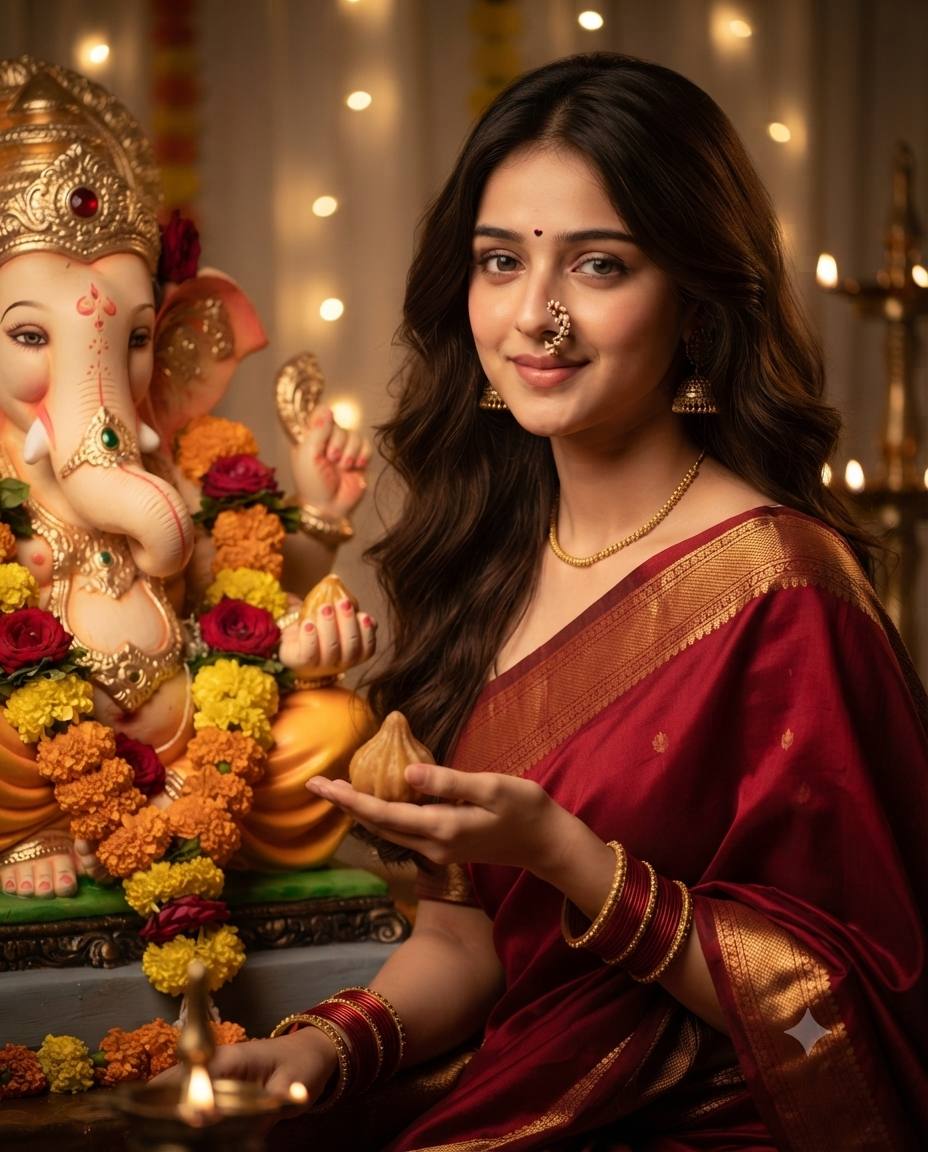 Indian woman Ganesh Chaturthi portrait AI prompt | Red saree with Ganesha idol