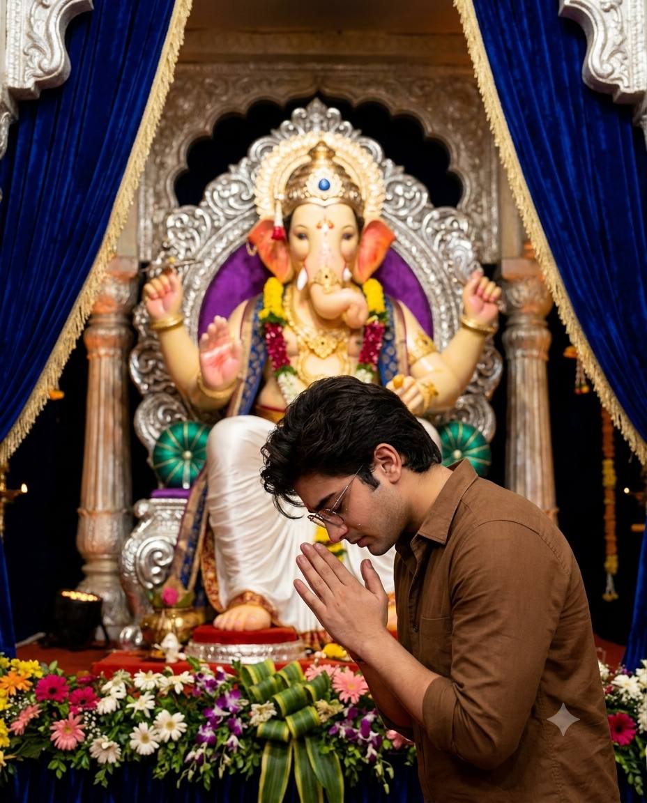 Ganesh Festival Devotional Poster Prompt | Ultra-Realistic Cinematic Prayer Portrait | AI image prompt