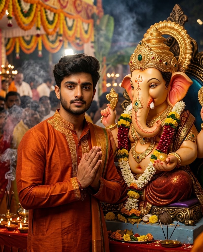Ganpati Bappa AI Photo Prompt – Cinematic Saffron Kurta Portrait