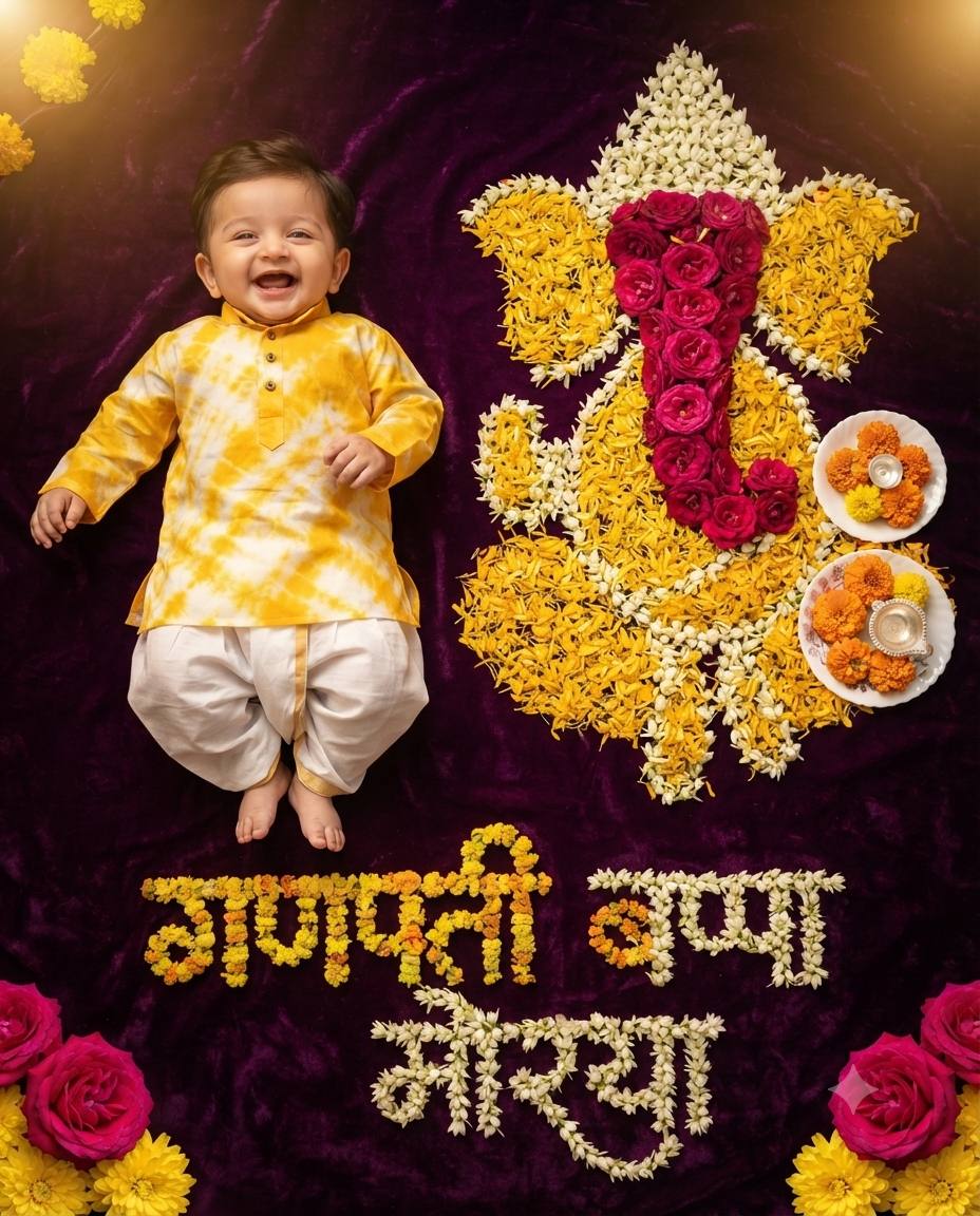 Indian baby boy Ganpati portrait AI prompt | Floral Ganesh Chaturthi style