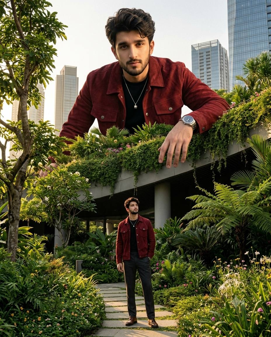Giant Double Self Surreal Urban Garden Fashion Portrait AI Image Prompt