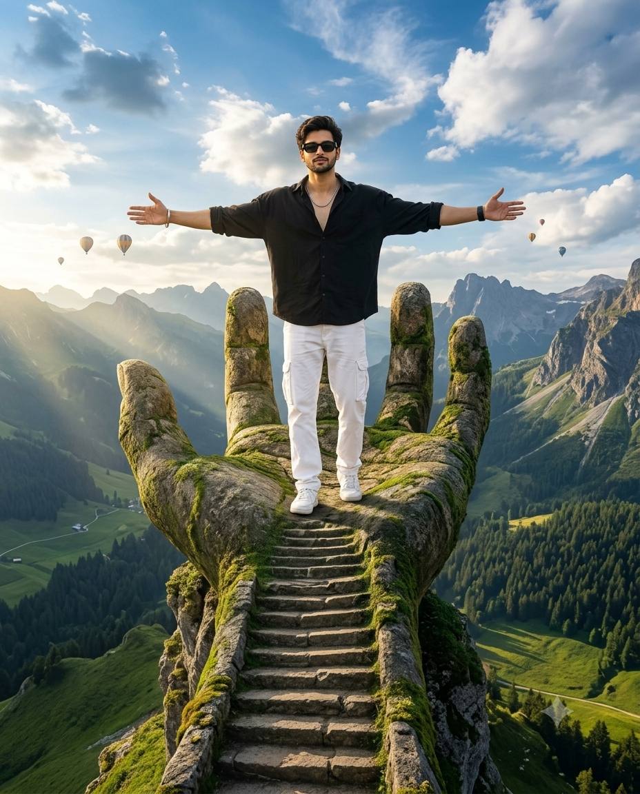 Giant stone hand fantasy portrait AI prompt | Ultra-realistic man in black streetwear