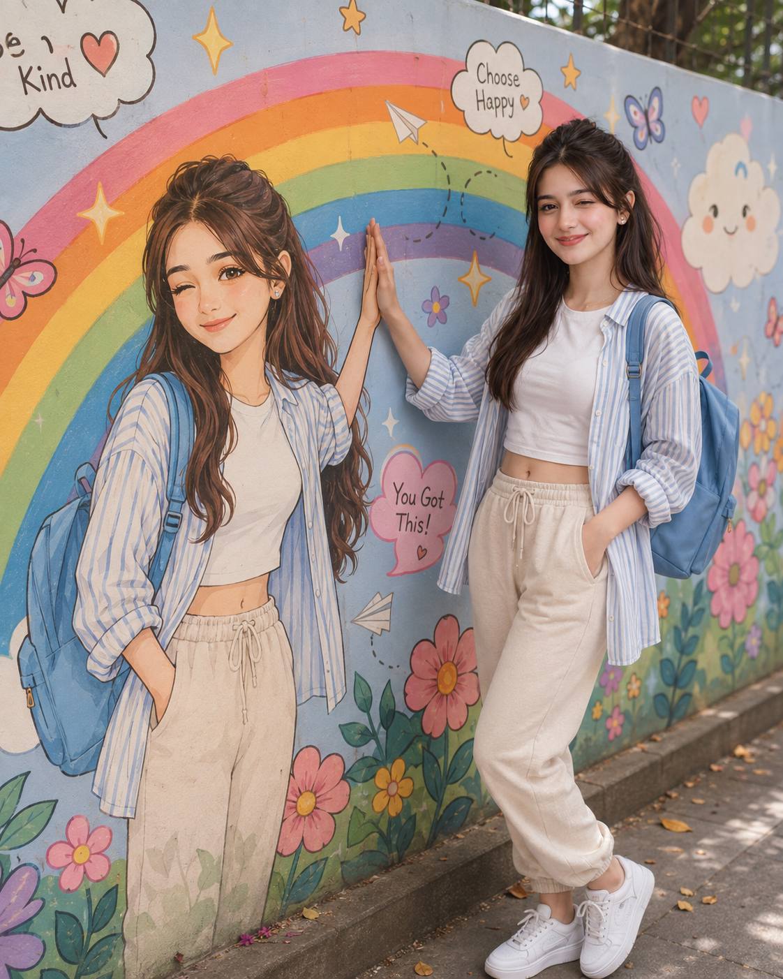 Girl High-Fiving Her Kawaii Cartoon Mural – Colorful Pastel AI Portrait Prompt