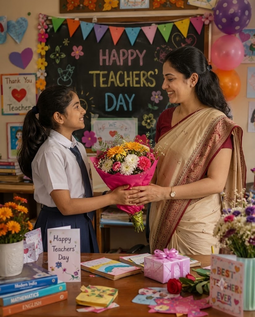 Girl Student Giving Flowers to Teacher on Teachers’ Day – AI Photo Prompt