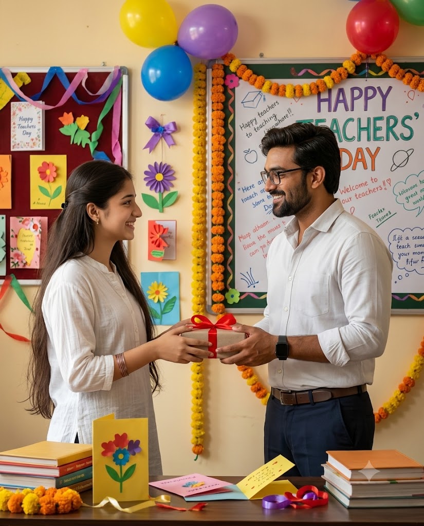 Girl Student Giving Teachers’ Day Gift to Teacher – Realistic AI Image Prompt