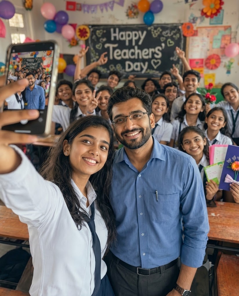Girl Student Taking Selfie with Male Teacher on Teachers’ Day – AI Photo Prompt