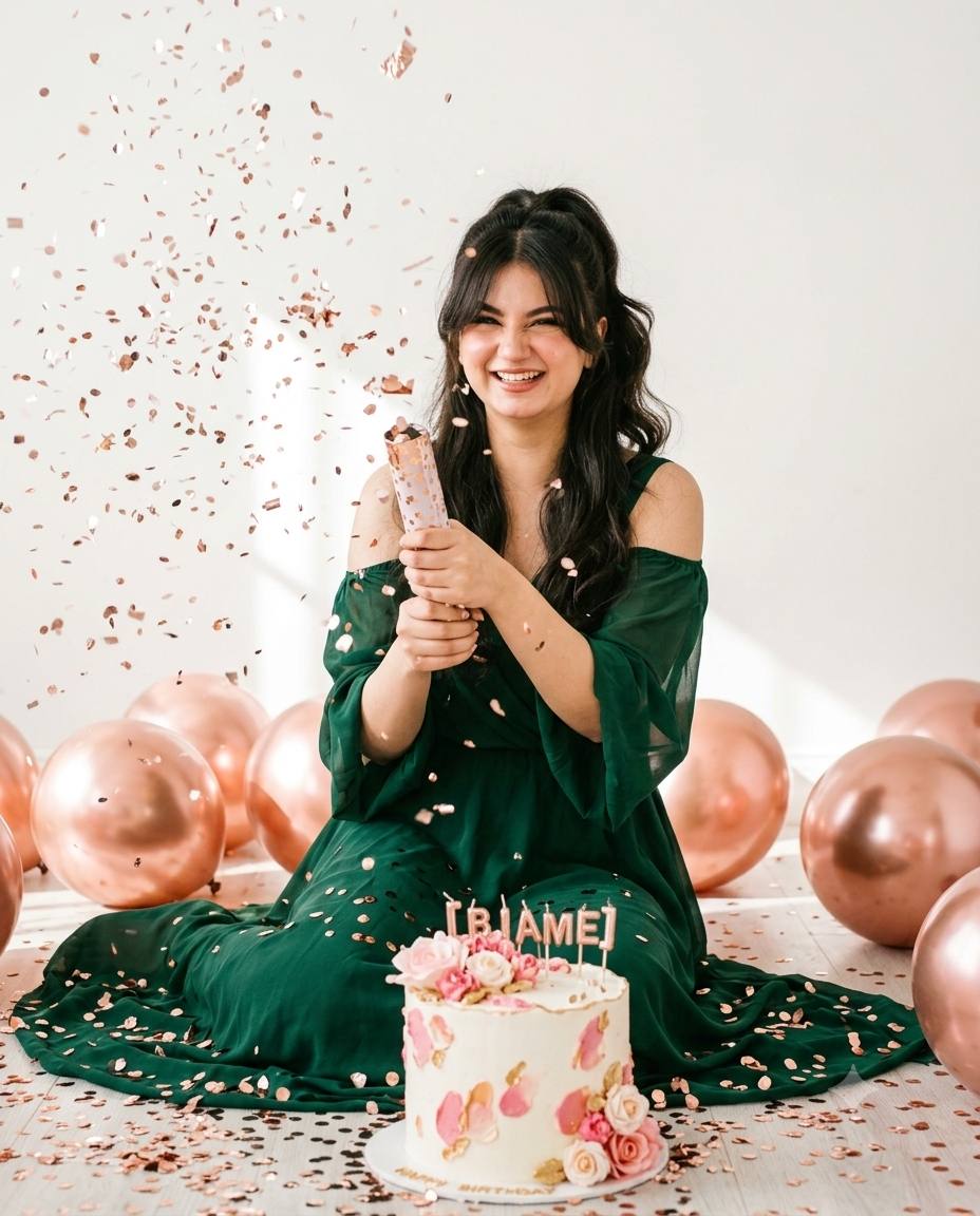 Glamorous birthday AI prompt | Green off-shoulder dress & rose-gold balloons