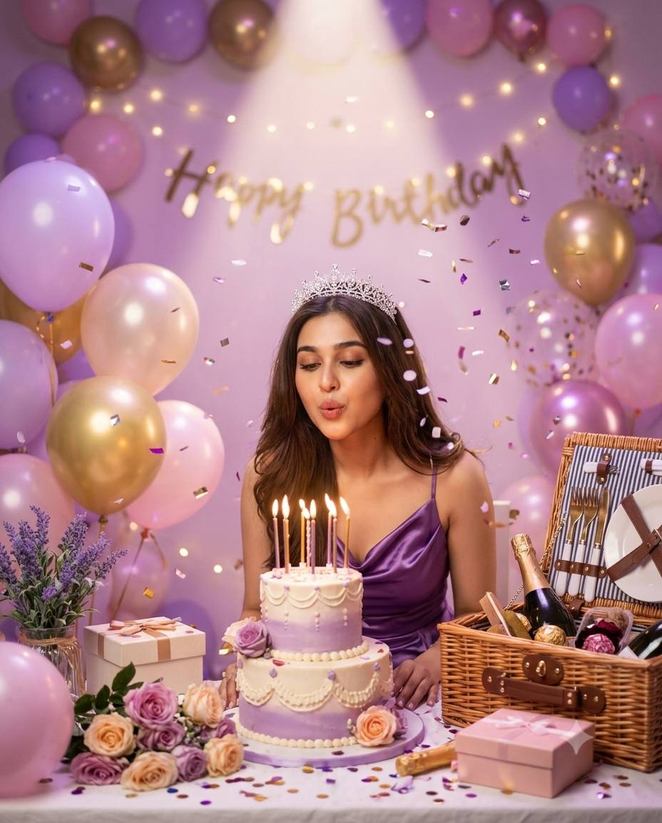 cinematic glamorous Girl birthday portrait AI prompt | Purple, Tiara, candles & balloons