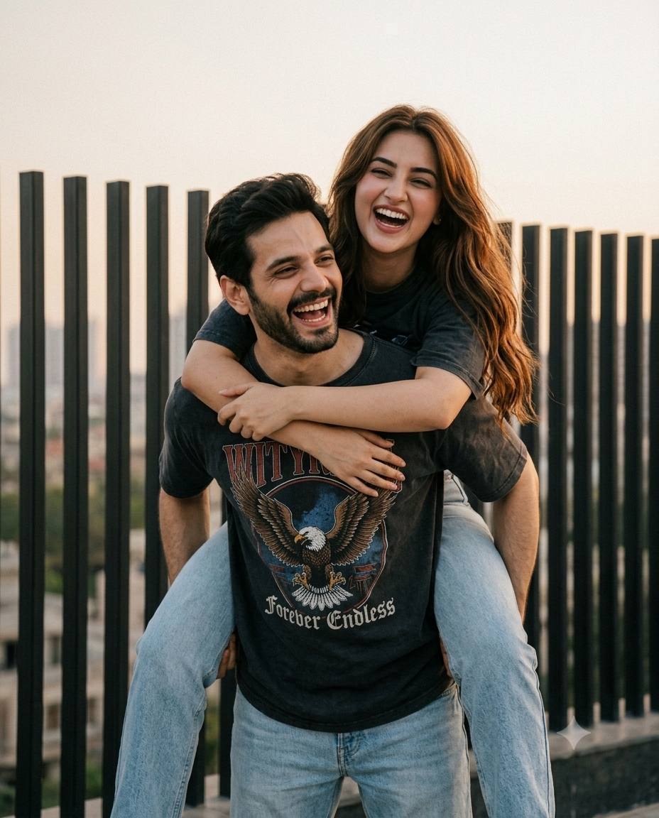 Golden Hour Couple Piggyback Portrait Ai Prompt | Cinematic Romantic Streetwear