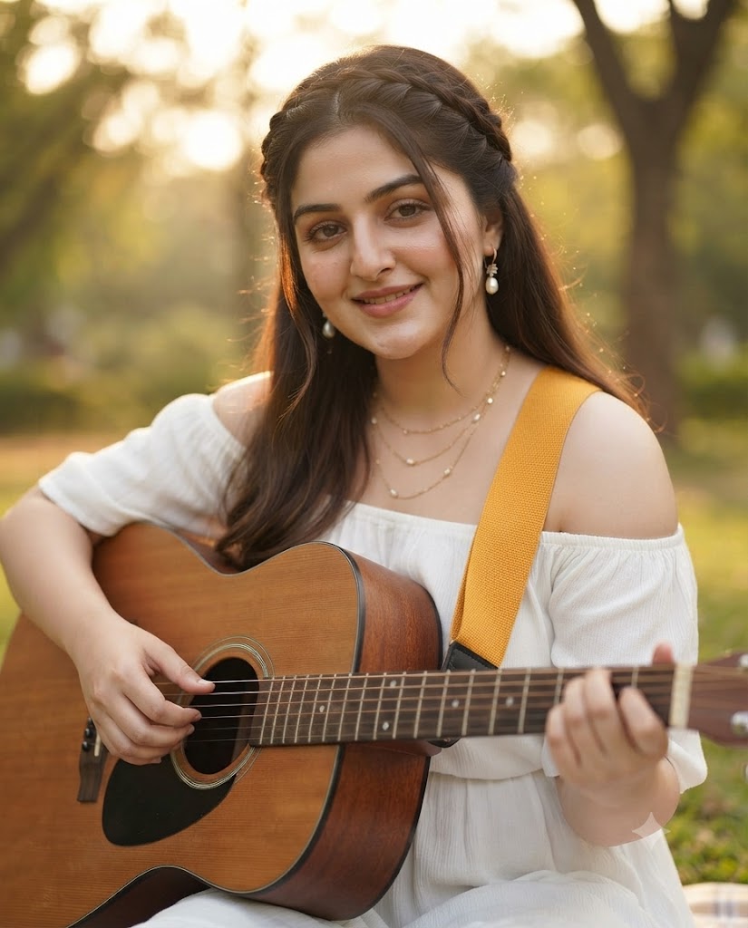 Golden Hour Guitar Portrait of a South Asian Woman AI Image Prompt | realistic outdoor portrait