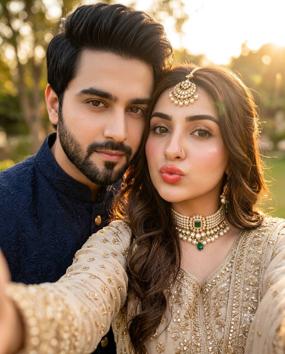 Indian couple selfie AI prompt | Golden hour ethnic fashion
