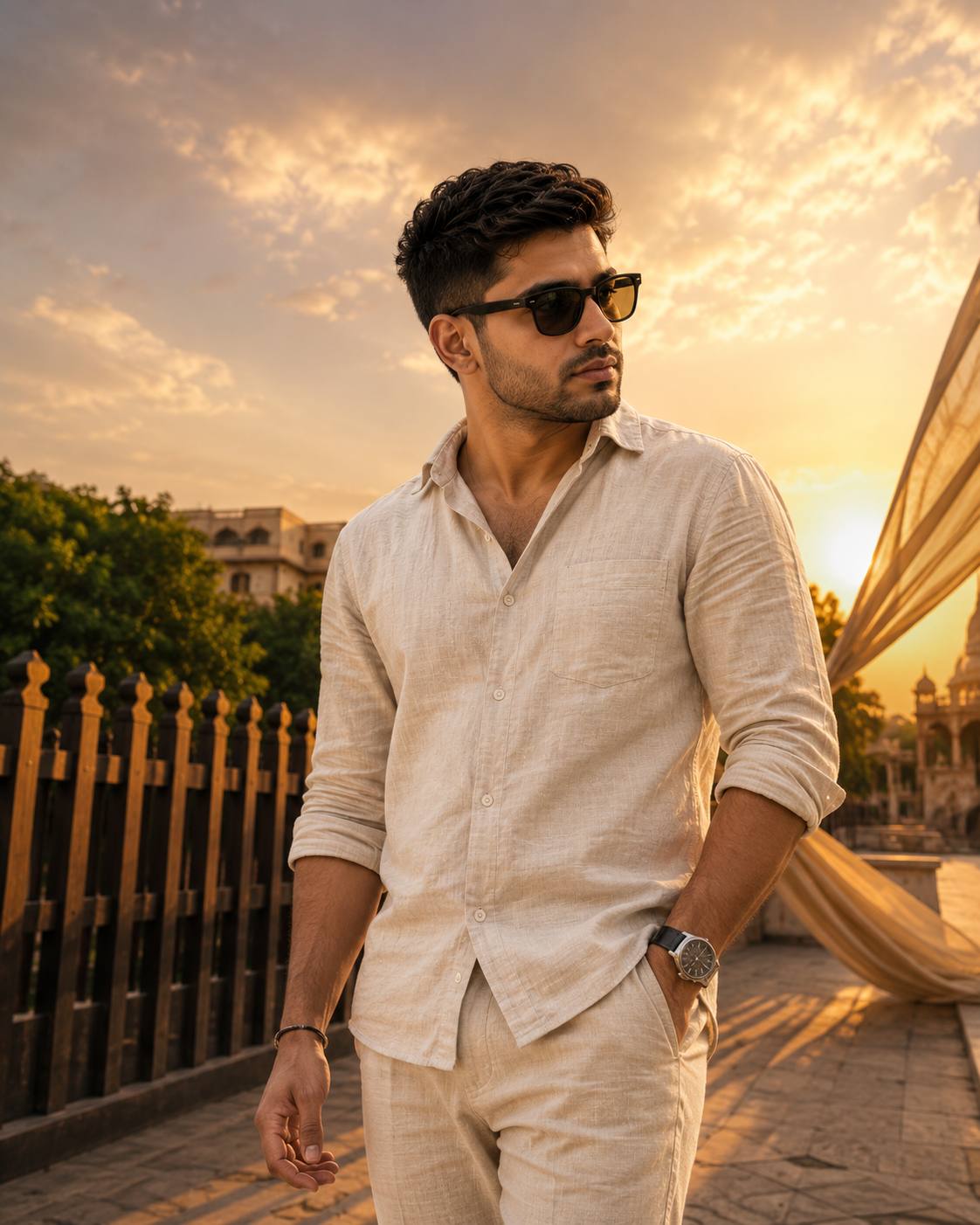 Golden Hour Low-Angle Cinematic Portrait of a Stylish Young Man AI Image Prompt