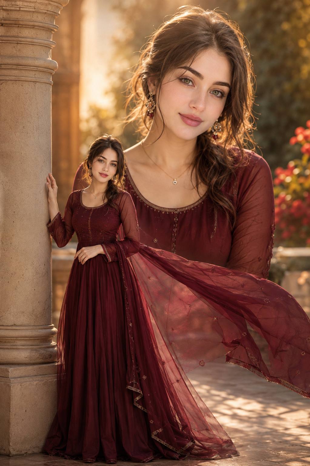 Golden Hour Maroon Gown Double Portrait with Same Face Identity – AI Fashion Image Prompt