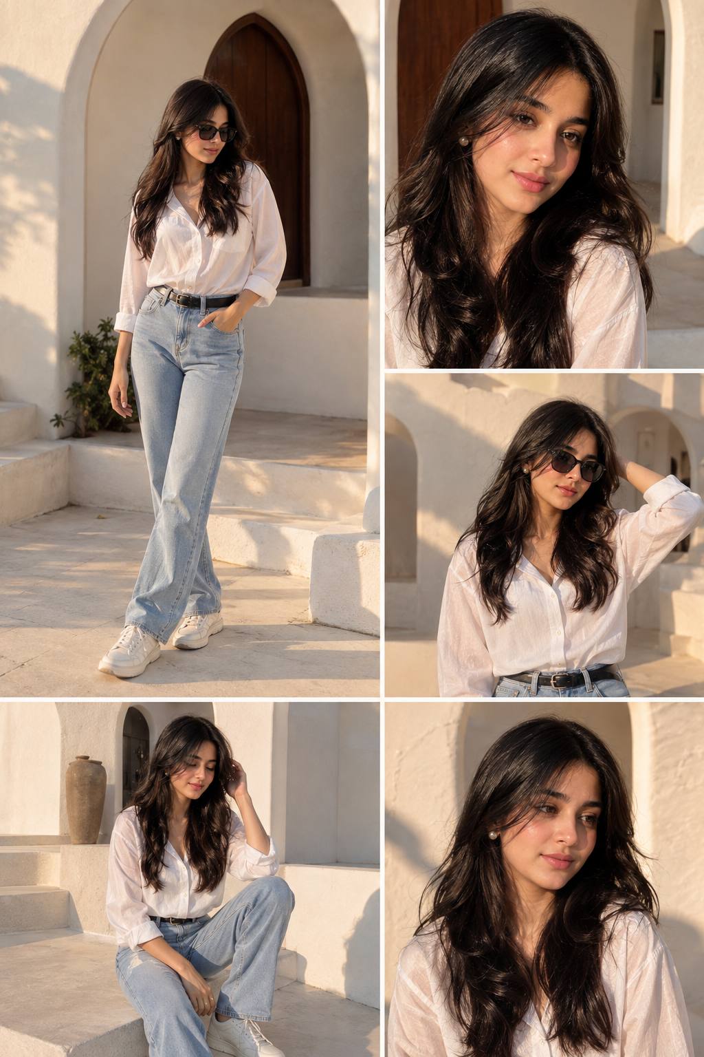 Golden Hour Mediterranean Fashion Collage Ai prompt | White Shirt and Jeans Instagram Portrait