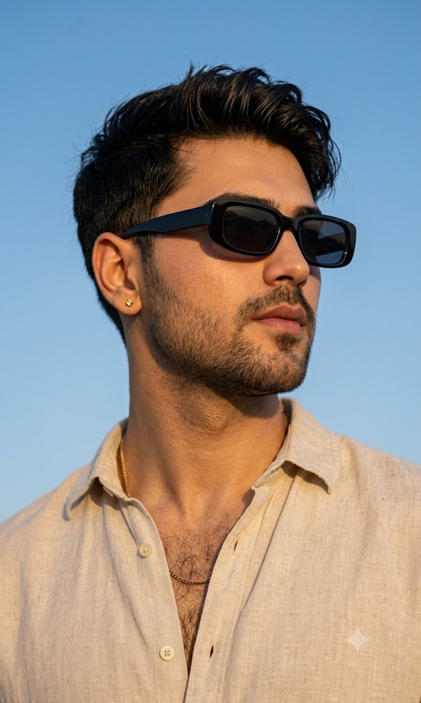 Golden Hour Men’s Fashion Portrait | Cinematic Beige Linen Shirt Photography AI Prompt