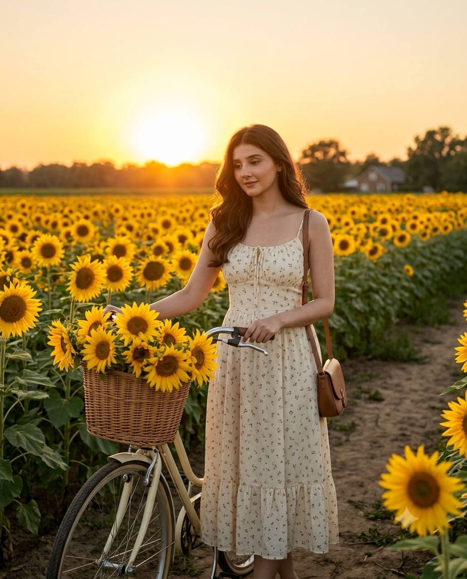 Golden Hour Sunflower Field Portrait with Vintage Bicycle | Ultra-Realistic AI Photo Prompt