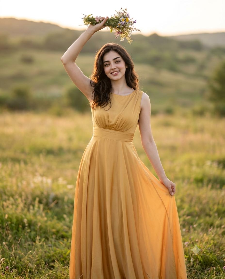 Golden yellow maxi dress AI prompt | Elegant outdoor floral portrait