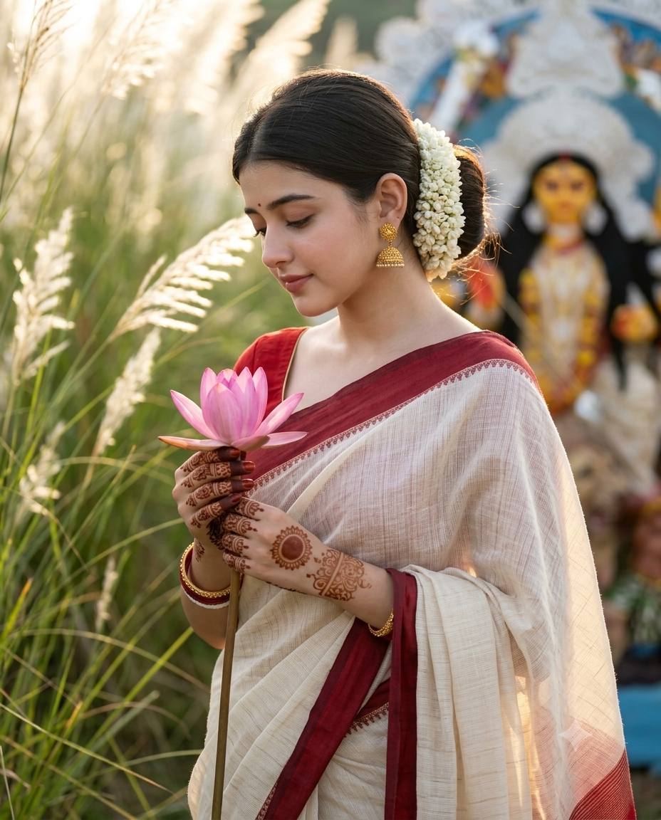 Graceful Woman in Durga Puja Saree with Pink Lotus and Kash Grass – Cinematic Portrait | AI image prompt