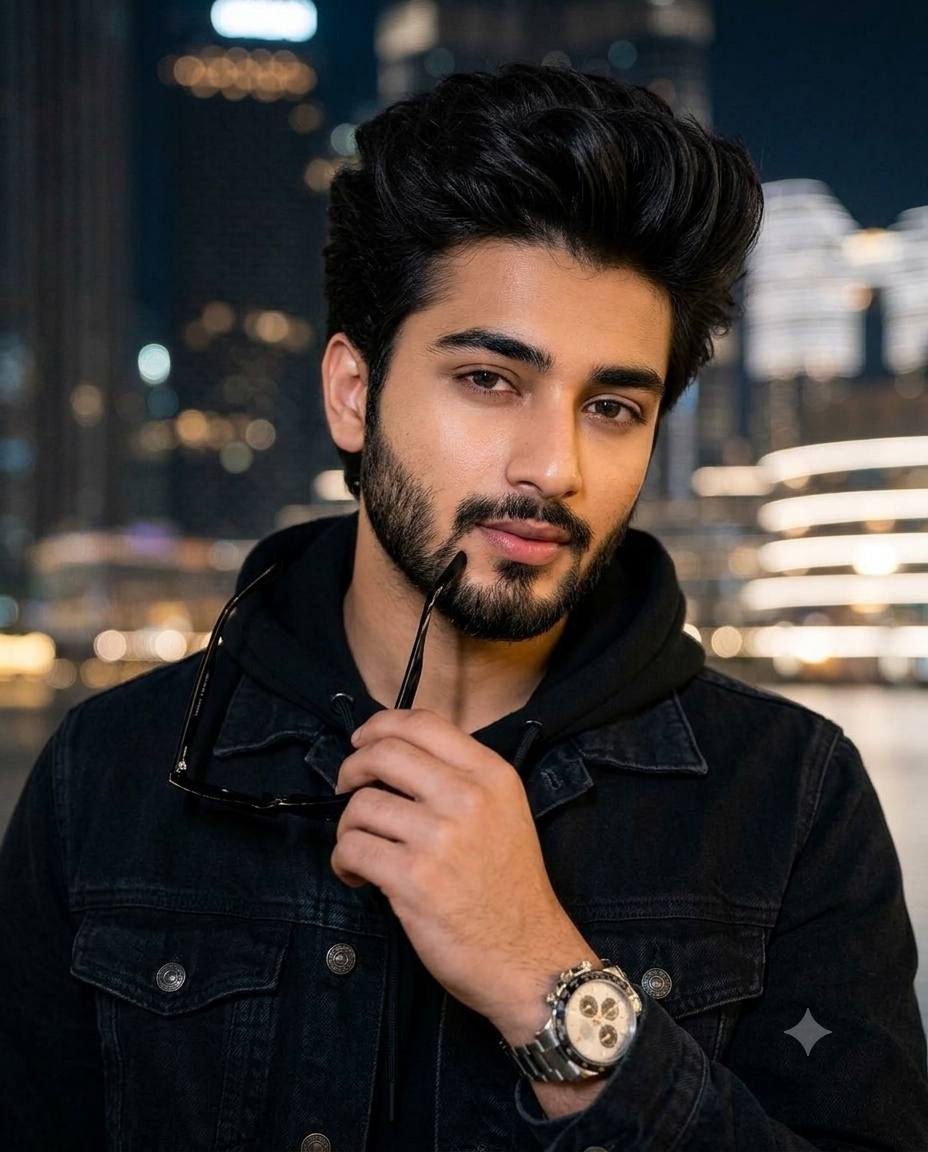 Handsome South Asian Man Night Portrait with Black Denim Jacket | Ultra-Realistic 8K AI Image Prompt