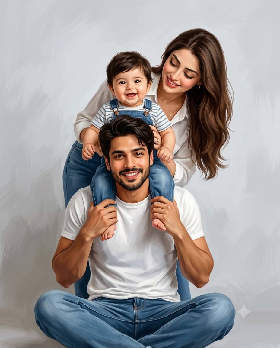 Indian family oil painting AI prompt | Coordinated denim outfits