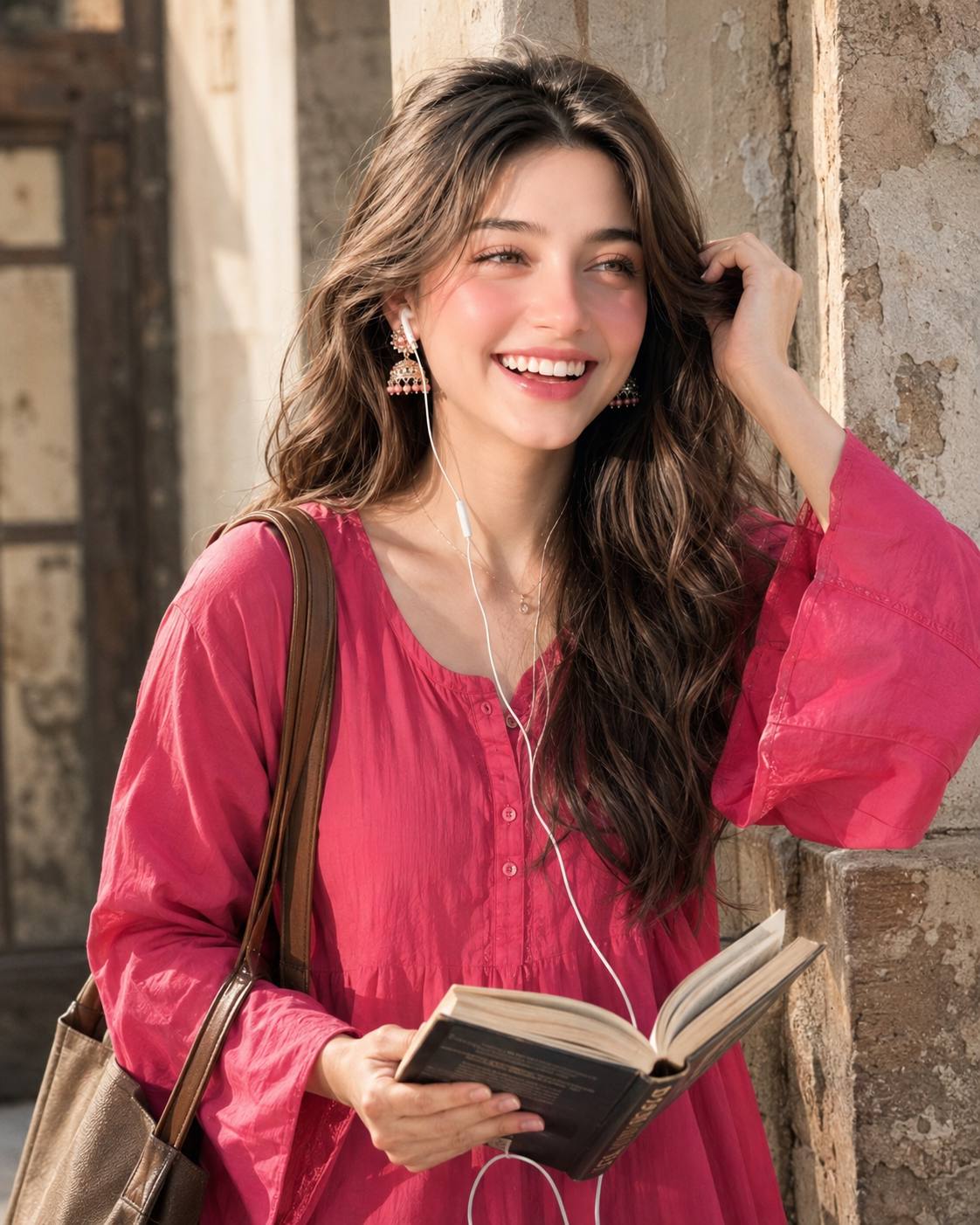 Happy Woman Reading Book in Pink Red Tunic – Ultra Realistic AI Image Prompt