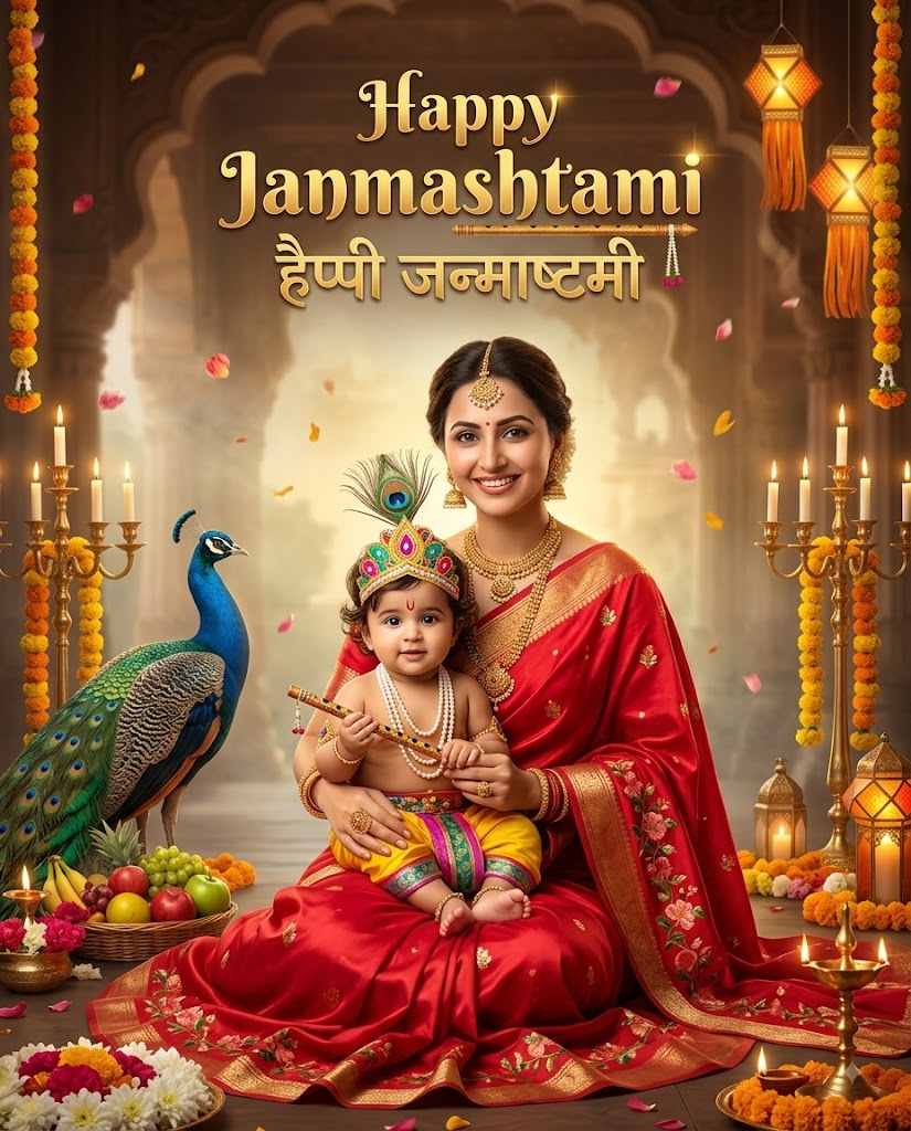 Happy Janmashtami AI Photo Prompt – Indian Mother & Baby Krishna Festive Portrait