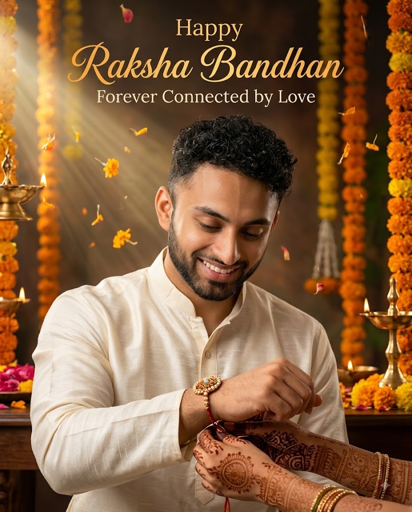 Happy Raksha Bandhan 2026 AI Poster – Brother with Sister’s Mehndi Hands & Premium Rakhi