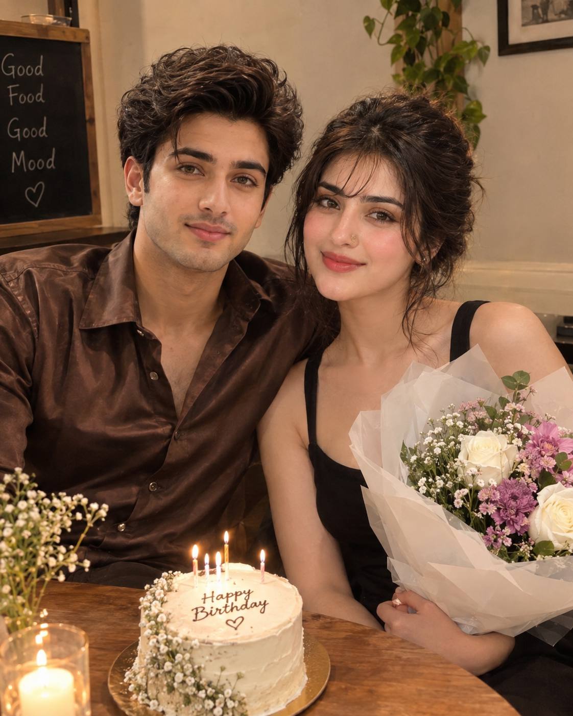 Cinematic South Asian Couple Birthday Celebration in Cozy Café | AI Image Prompt