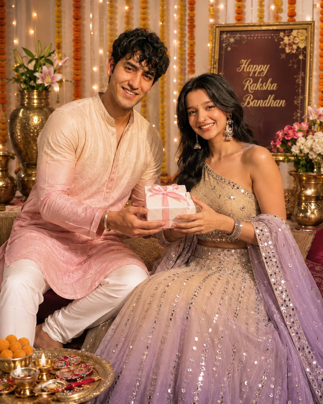 Heartwarming Raksha Bandhan Sibling Portrait with Gift Exchange – Photorealistic AI Image Prompt