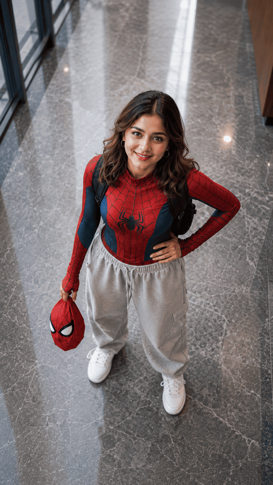 High-Angle Cinematic Spider Man Inspired Woman Portrait | Cinematic AI Image Prompt