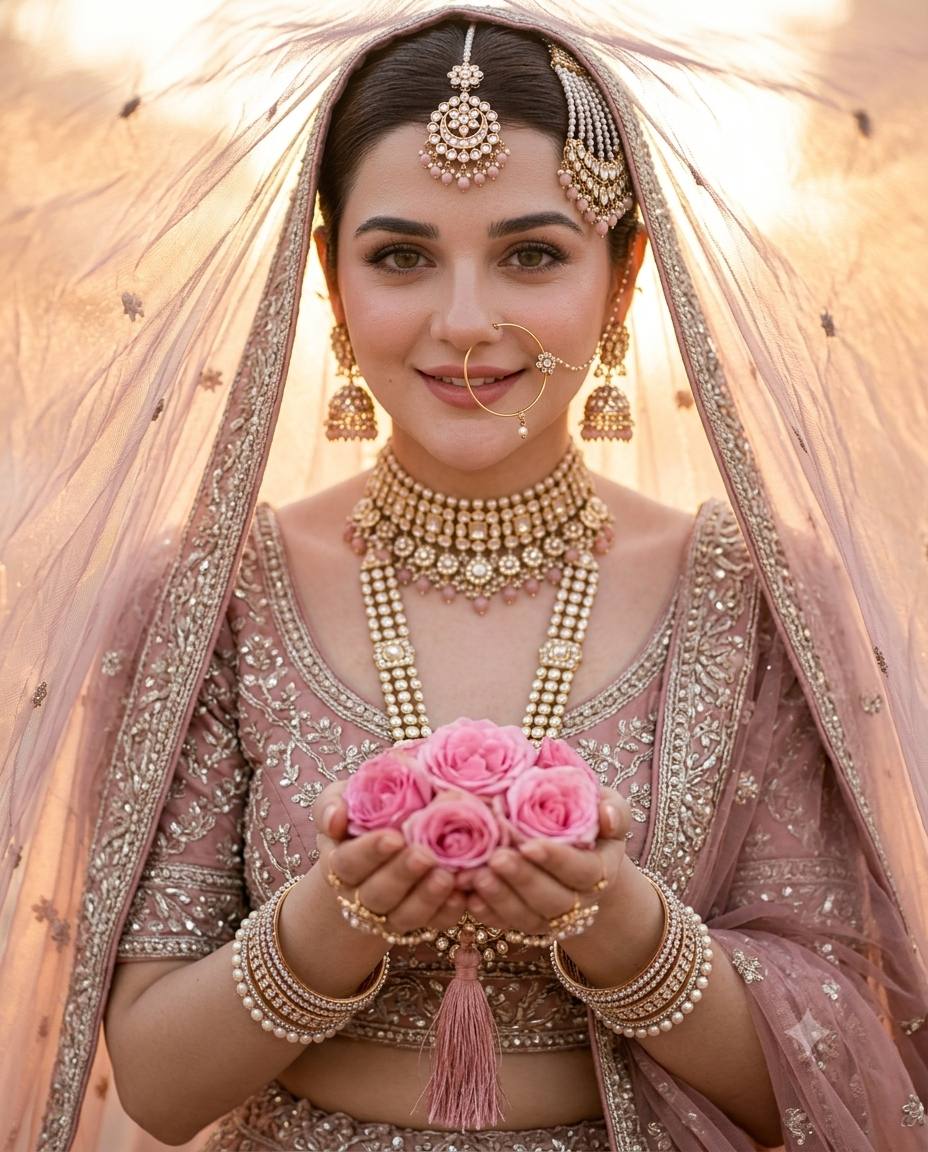 High-Fashion Indian Bridal Portrait in Dusty Rose Lehenga - Ultra-Realistic AI Image Prompt