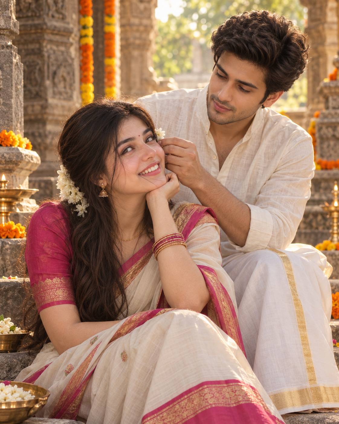 Husband Wife Temple Portrait Prompt – Traditional Indian Couple Photography | AI image prompt