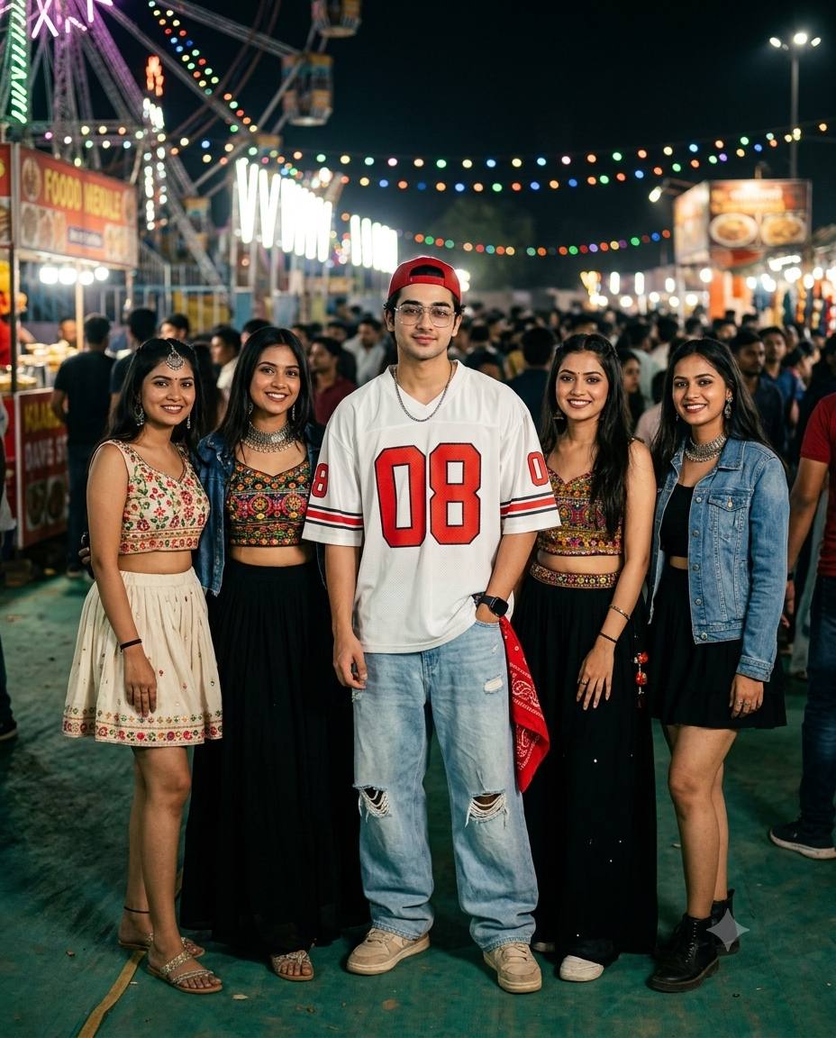 Night Festival Portrait of South Asian Man with Friends | AI Photo Prompt