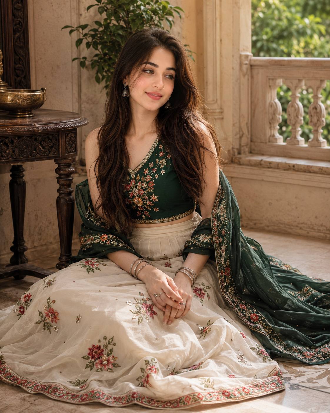 I Indian Fashion Portrait Prompt – Realistic Lehenga Veranda Photography | AI image prompt