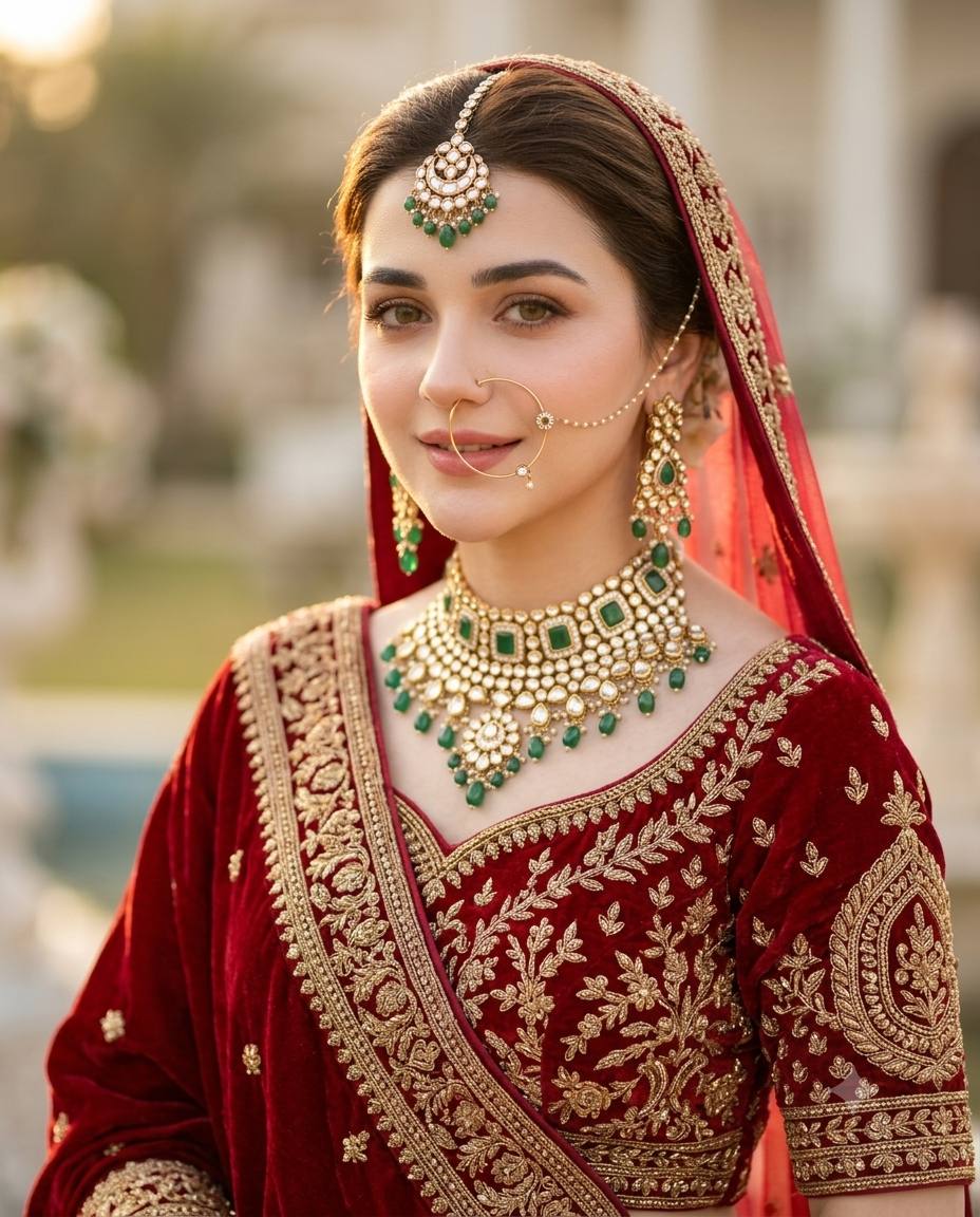 Indian Bride in Red Velvet Lehenga: Luxury Editorial Wedding AI Portrait Prompt