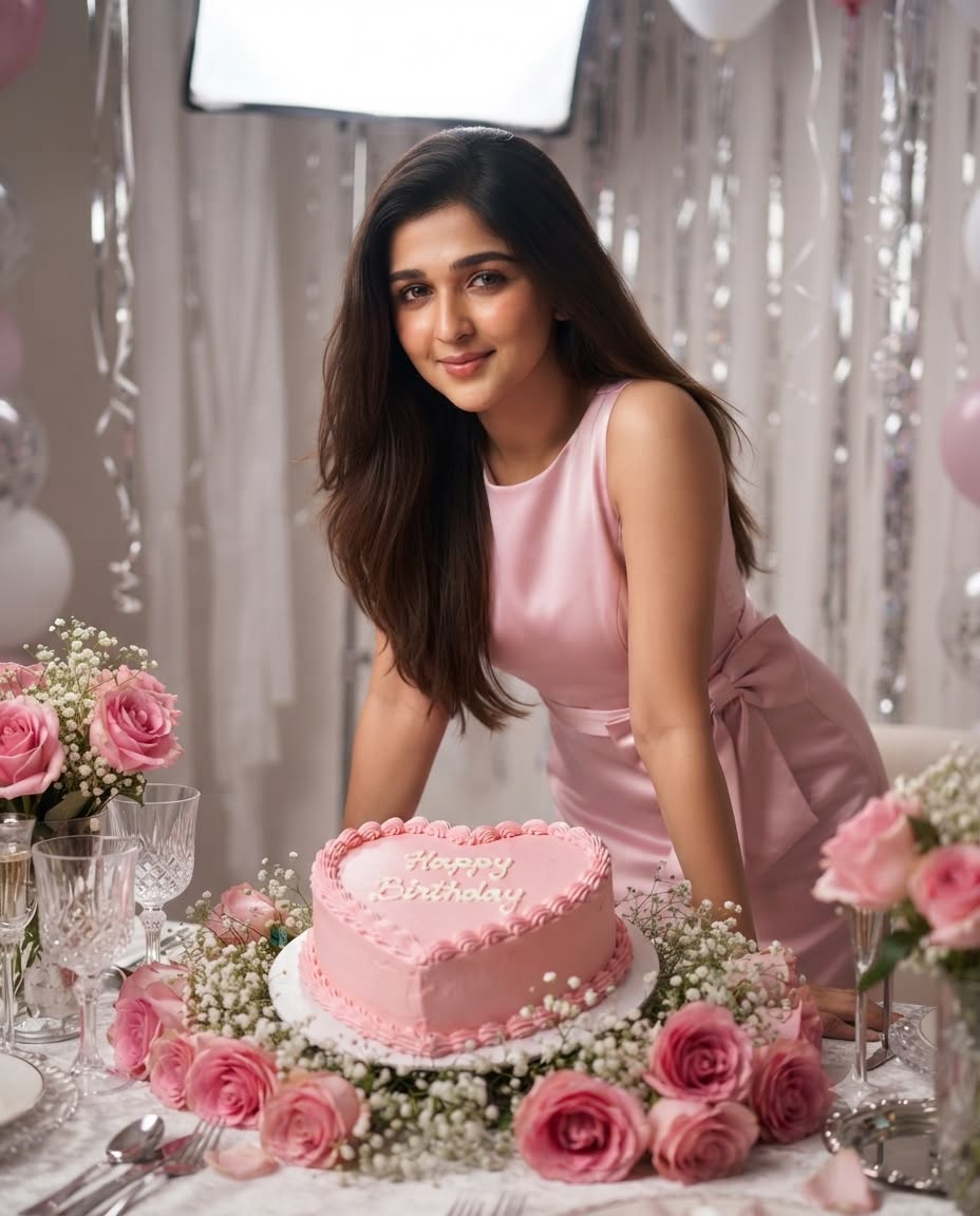 Indian Girl Birthday Cake Portrait Realistic AI Prompt Pink Floral Setup 8K