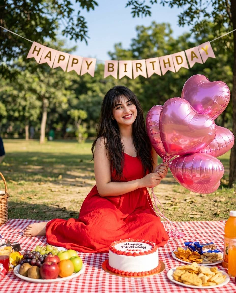 Birthday picnic AI prompt | Red dress, heart balloons & sunny park 8k