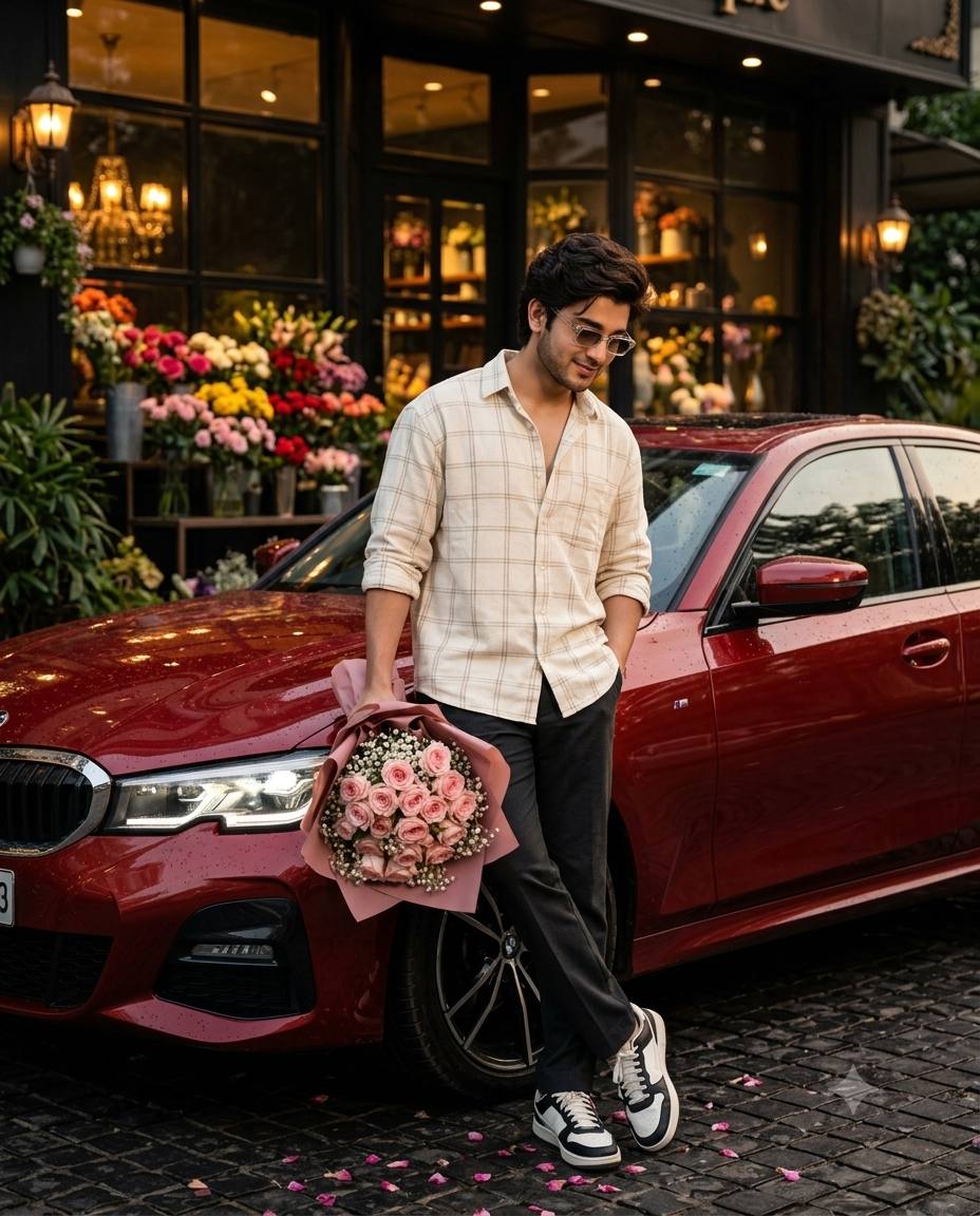 Indian Man Luxury Car Portrait with Rose Bouquet | AI Image Prompt