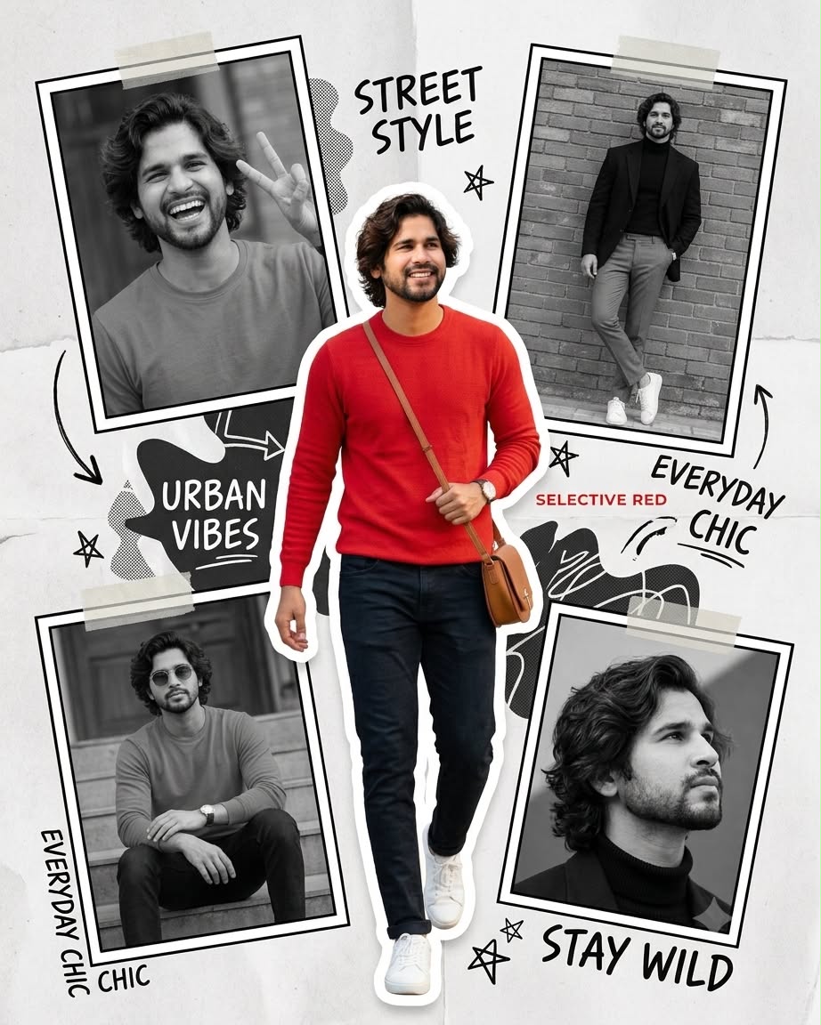 Indian Man Fashion Collage Selective Red AI Prompt Urban Street Style 4:5