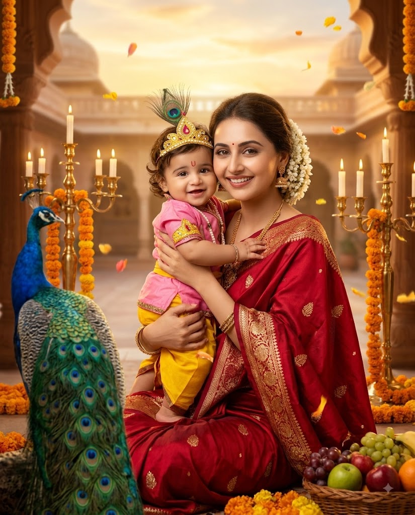 Indian Mother & Baby Krishna AI Photo – Royal Janmashtami Family Portrait