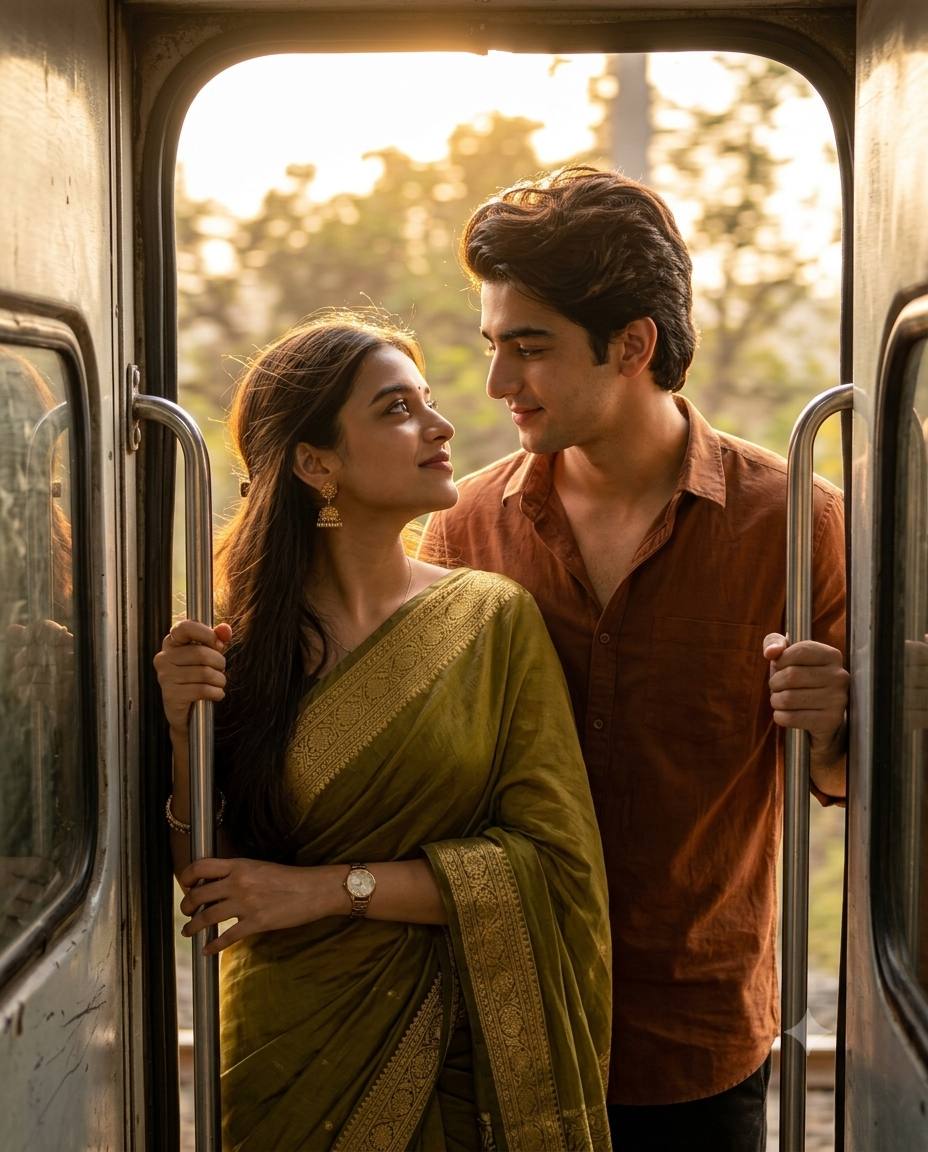 Indian Train Couple Portrait Prompt | Cinematic Golden Hour Saree Photography | AI image prompt