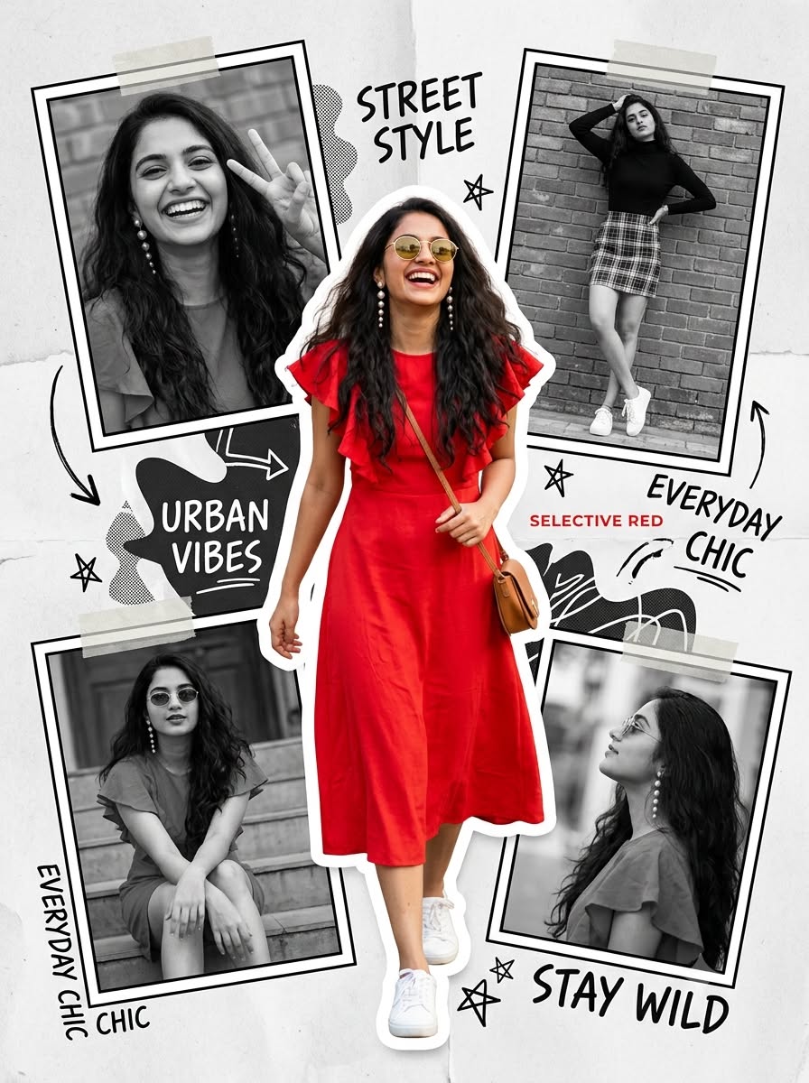 Indian Woman Fashion Collage Selective Color AI Prompt Editorial Poster 4:5